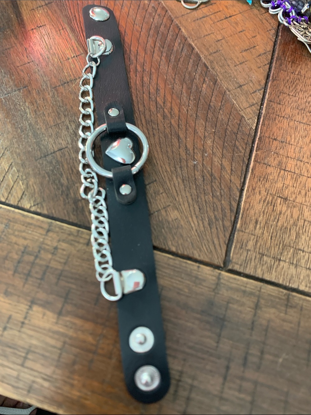 NWOT Unisex Black Leather Heart O-Ring  Bracelet with Silver Chain